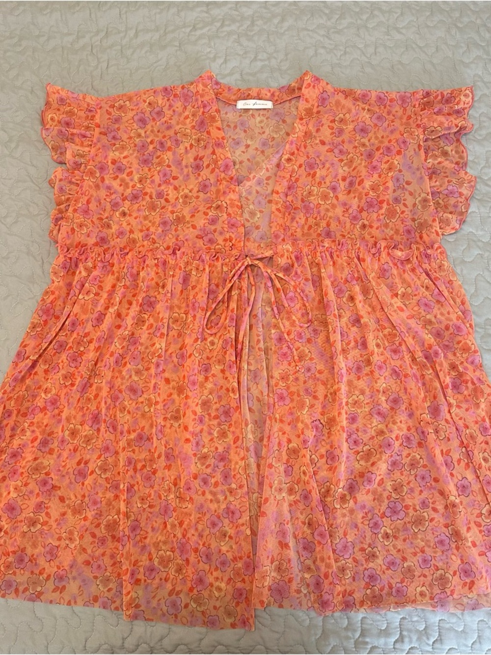 Ces Femme Pink & Orange Floral Print Tie-Front Babydoll Sheer Women’s Cardigan